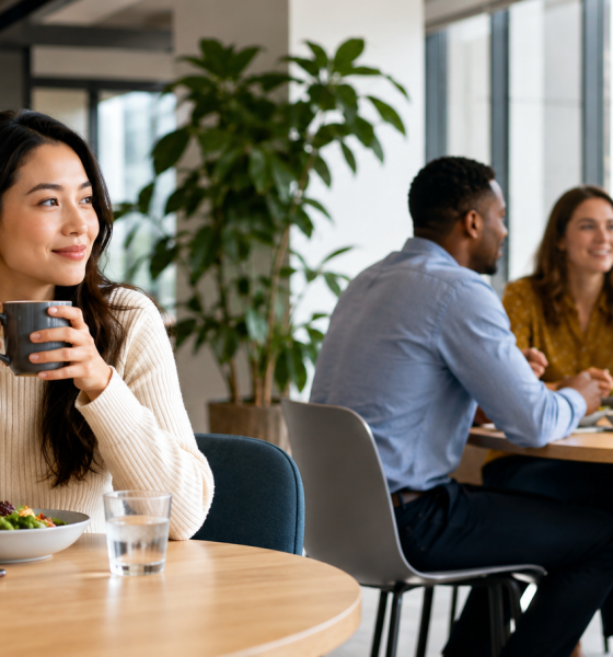 Pessoa aproveita o horário de almoço no trabalho em momento tranquilo enquanto colegas conversam ao fundo.