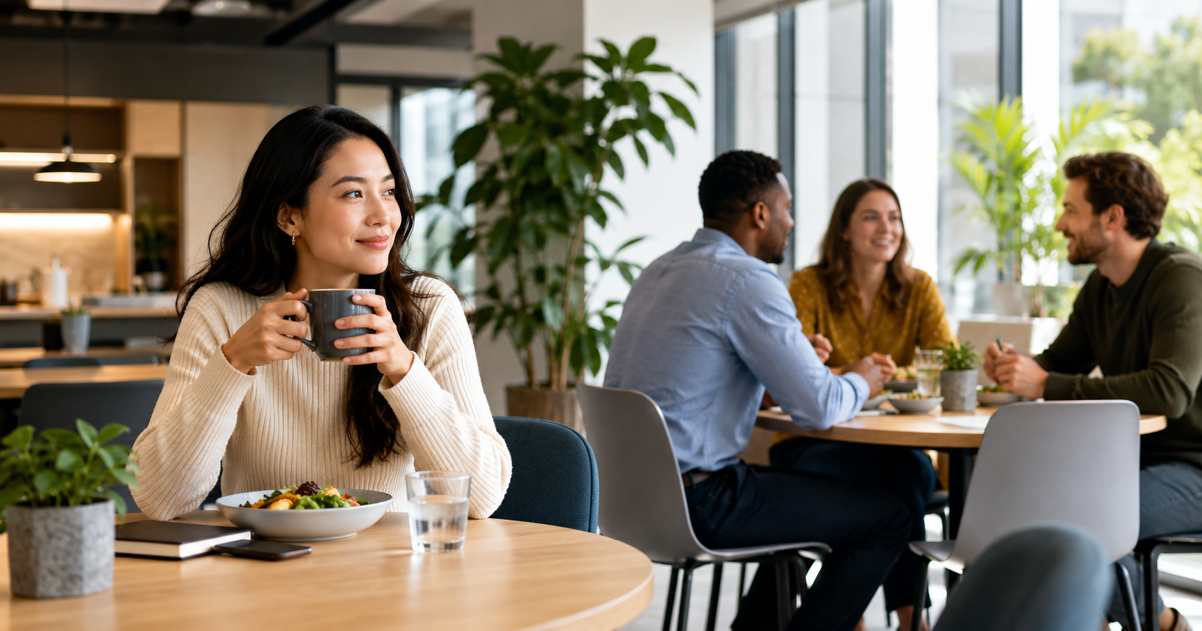 Pessoa aproveita o horário de almoço no trabalho em momento tranquilo enquanto colegas conversam ao fundo.