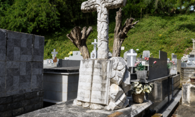 Sepultura de Joaquim Dias da Rocha Filho em cemitério de Vila Salutáris, com cruz de pedra, livro aberto e símbolos poéticos.